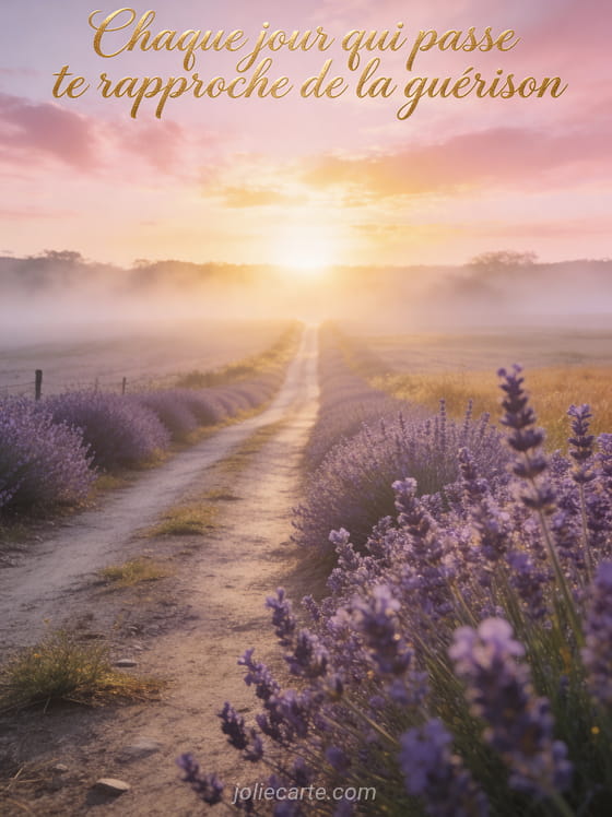 Chemin de campagne bordé de lavande en fleurs menant vers un lever de soleil lumineux avec le texte Chaque jour te rapproche de la guérison