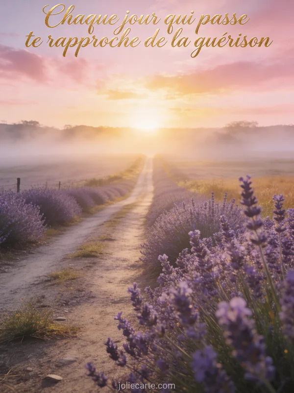 Chemin de campagne bordé de lavande en fleurs menant vers un lever de soleil lumineux avec le texte Chaque jour te rapproche de la guérison