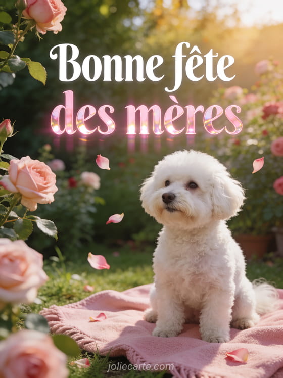 Bichon frisé blanc sur un plaid rose dans un jardin de rosiers avec pétales volants et le texte Bonne fête des mères