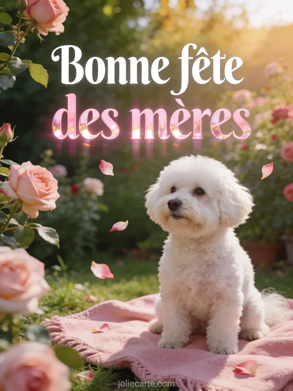 Bichon frisé blanc sur un plaid rose dans un jardin de rosiers avec pétales volants et le texte Bonne fête des mères