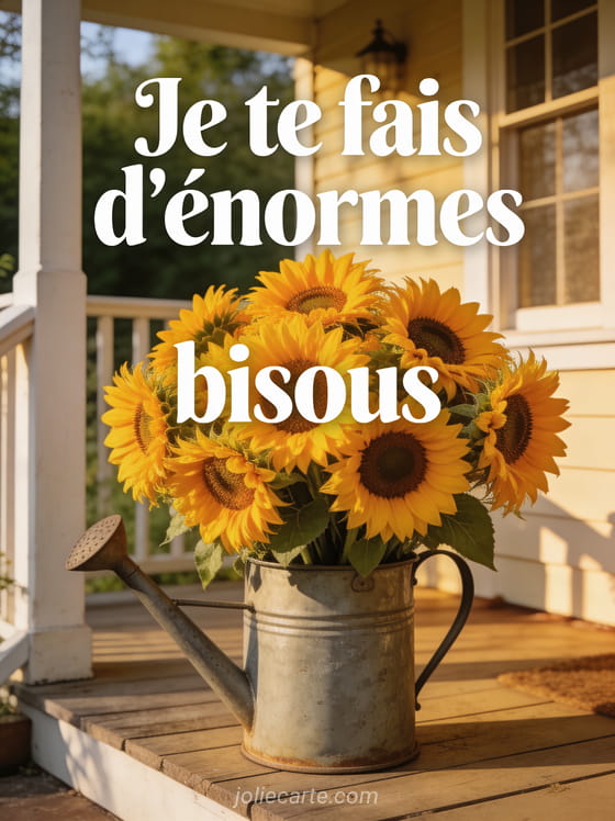 Bouquet de tournesols dans un arrosoir en zinc sur un perron de maison de campagne avec le texte Je te fais d'énormes bisous