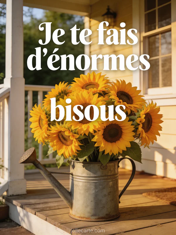 Bouquet de tournesols dans un arrosoir en zinc sur un perron de maison de campagne avec le texte Je te fais d'énormes bisous
