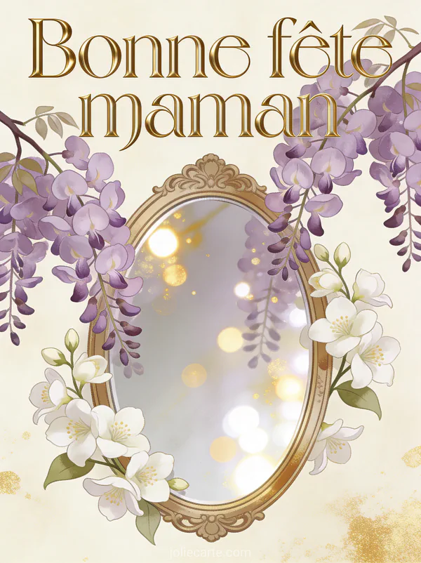 Illustration d'un miroir ovale vintage entouré de branches de glycine mauve et jasmin blanc sur fond crème et or
