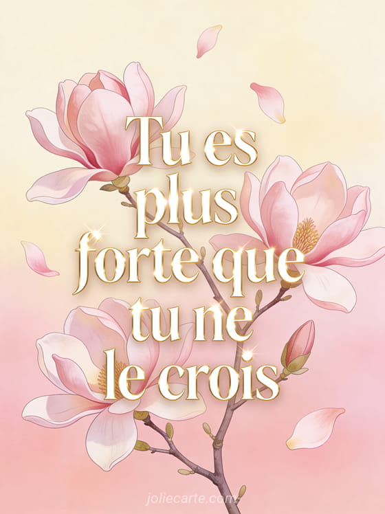 Magnolias roses en pleine floraison sur branches délicates fond pastel avec le texte Tu es plus forte que tu ne le crois