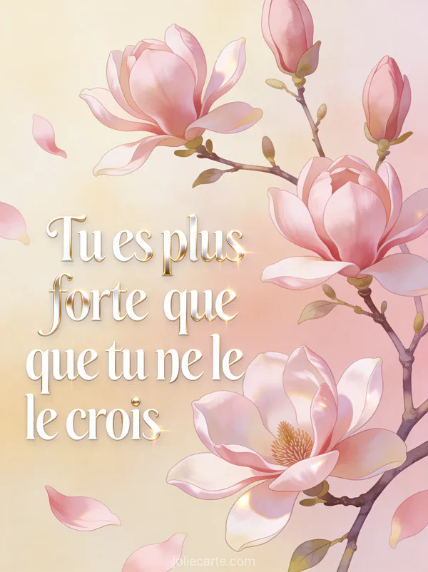 Magnolias roses en pleine floraison sur branches délicates fond pastel avec le texte Tu es plus forte que tu ne le crois