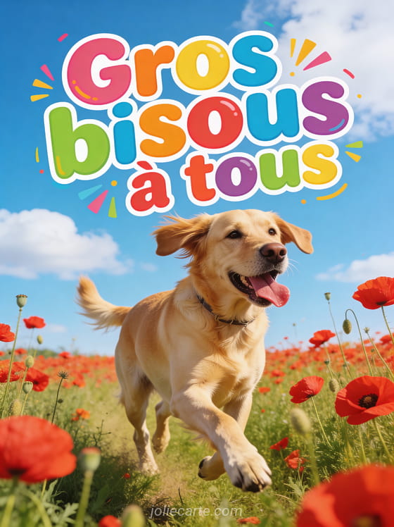 Chien labrador doré courant dans un champ de coquelicots rouges sous un ciel bleu avec le texte Gros bisous à tous