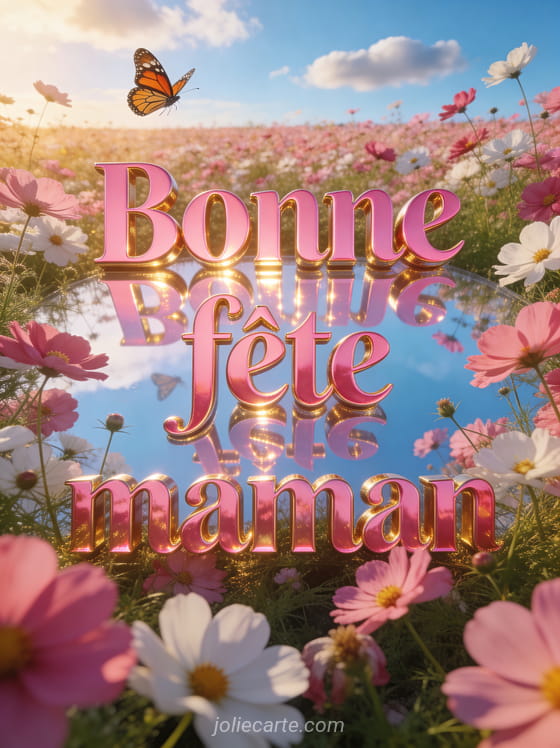 Champ de cosmos roses et blancs sous ciel bleu avec un papillon monarque en vol et le texte Bonne fête maman