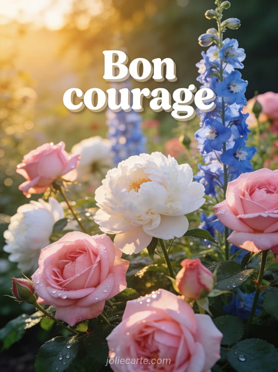 Jardin fleuri de roses anglaises pivoines blanches et delphiniums bleus dans la lumière dorée du matin avec le texte Bon courage