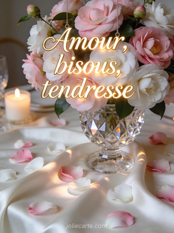 Bouquet de camélias roses et blancs dans un vase en cristal à la lueur de bougies avec le texte Amour bisous tendresse