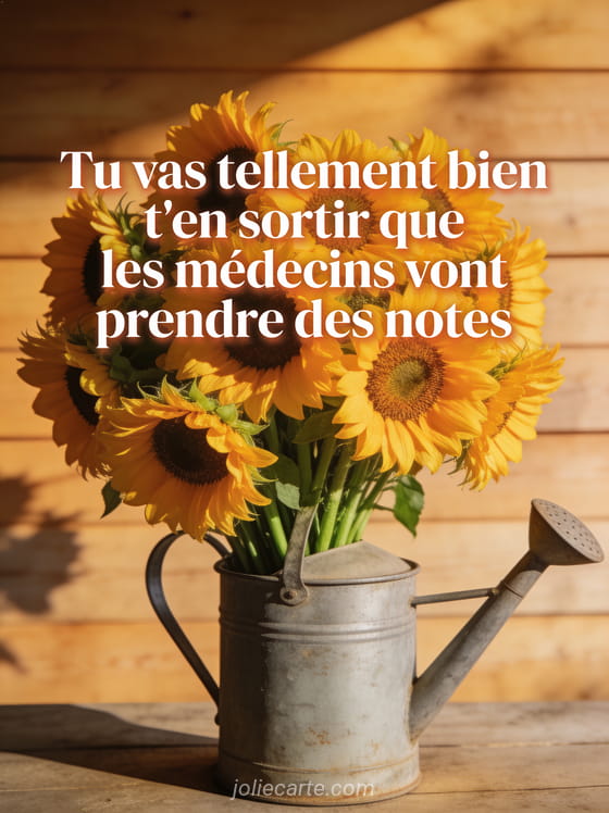 Bouquet de tournesols dans un arrosoir vintage en zinc avec lumière chaude et le texte humoristique sur l'opération