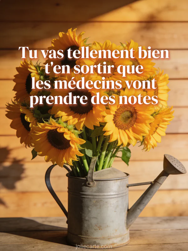Bouquet de tournesols dans un arrosoir vintage en zinc avec lumière chaude et le texte humoristique sur l'opération