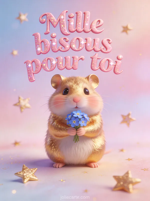 Petit hamster doré tenant un bouquet de myosotis bleus avec des étoiles dorées et le texte Mille bisous pour toi