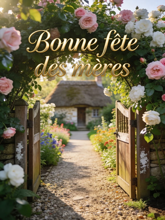 Jardin de cottage anglais avec portail en bois rosiers grimpants roses allée de gravier et chaumière avec le texte Bonne fête des mères