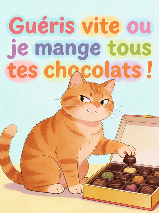 Chat roux espiègle tendant la patte vers une boîte de chocolats ouverte avec le texte Guéris vite ou je mange tous tes chocolats