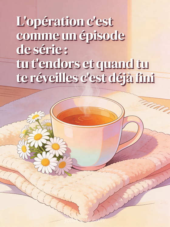 Tasse de thé fumante sur un plaid avec marguerites et camomille ambiance cosy avec texte humoristique sur l'opération