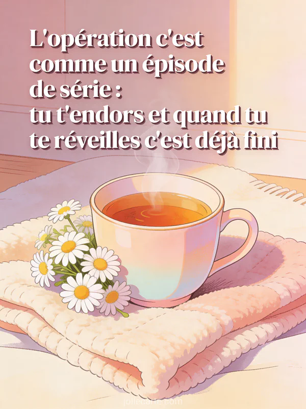 Tasse de thé fumante sur un plaid avec marguerites et camomille ambiance cosy avec texte humoristique sur l'opération
