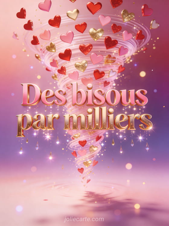 Tourbillon ascendant de centaines de petits cœurs rouges roses et dorés sur fond rose et violet avec le texte Des bisous par milliers