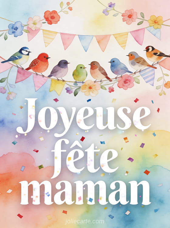 Illustration de mésanges rouge-gorge et chardonnerets perchés sur une guirlande de fanions pastel et fleurs