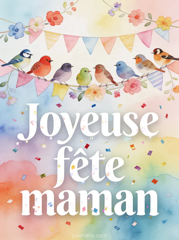 Illustration de mésanges rouge-gorge et chardonnerets perchés sur une guirlande de fanions pastel et fleurs