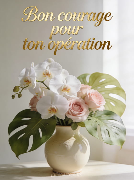 Orchidées blanches et roses dans un vase en céramique crème avec lumière naturelle et le texte Bon courage pour ton opération