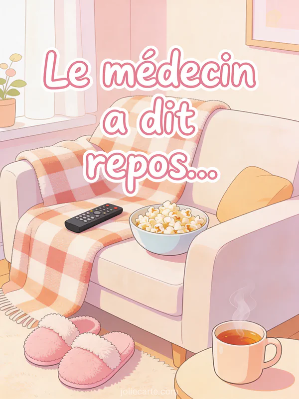 Scène cosy avec canapé plaid popcorn et télécommande avec le texte Le médecin a dit repos Netflix et pyjama