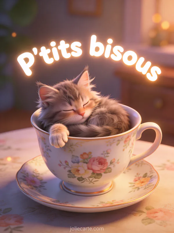Petit chaton maine coon endormi dans une tasse en porcelaine fleurie avec une patte qui dépasse et le texte P'tits bisous