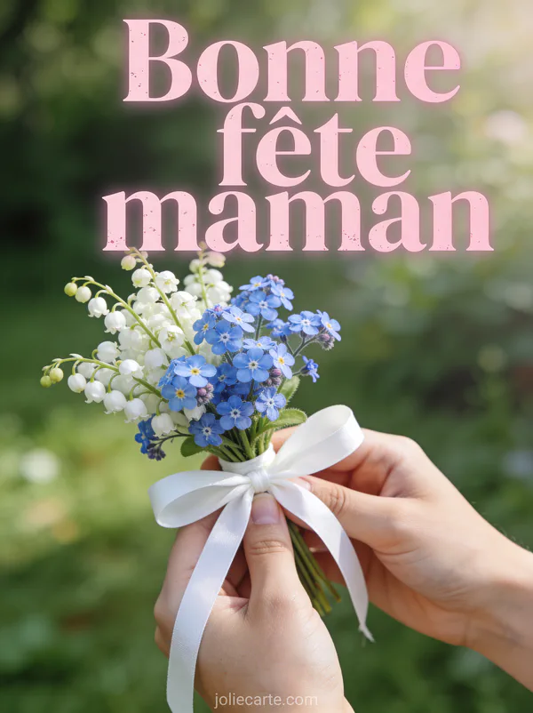 Mains tenant un petit bouquet de muguet et myosotis bleus noué d'un ruban blanc sur fond de jardin vert