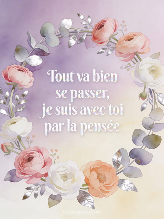 Couronne de renoncules roses blanches et pêche avec eucalyptus argenté fond aquarelle lavande avec le texte de soutien