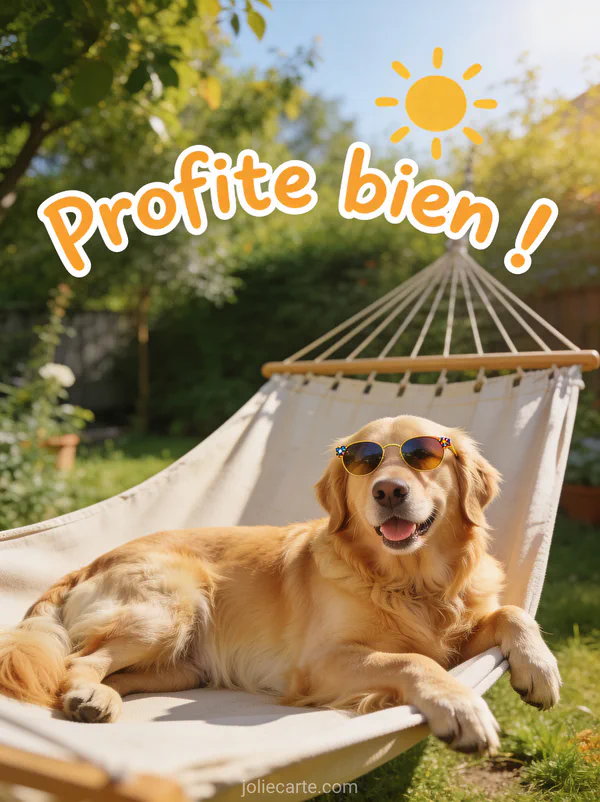 Chien golden retriever allongé dans un hamac avec des lunettes de soleil et le texte Profite bien