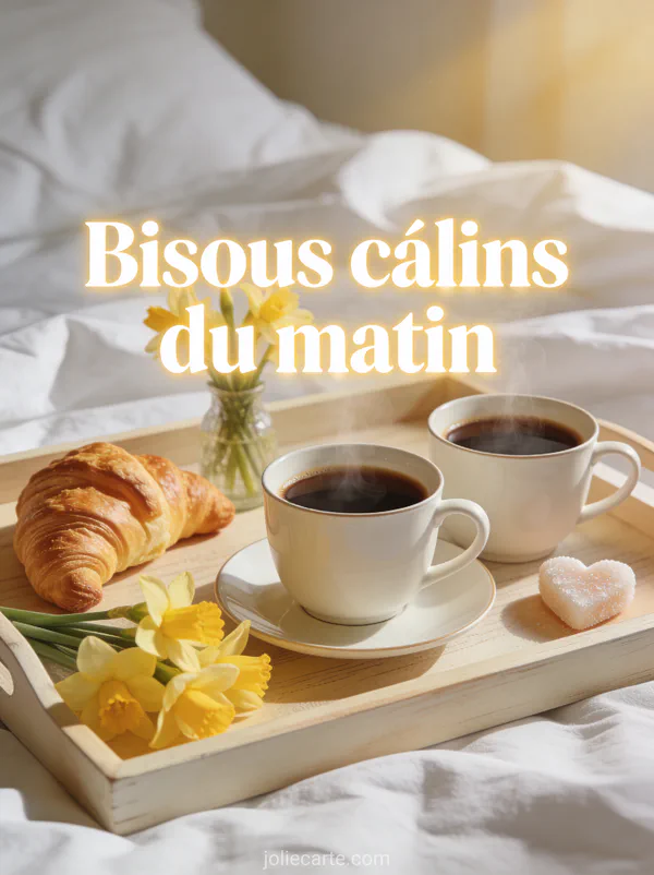 Plateau de petit-déjeuner avec deux tasses de café croissants et jonquilles sur des draps blancs avec le texte Bisous câlins du matin