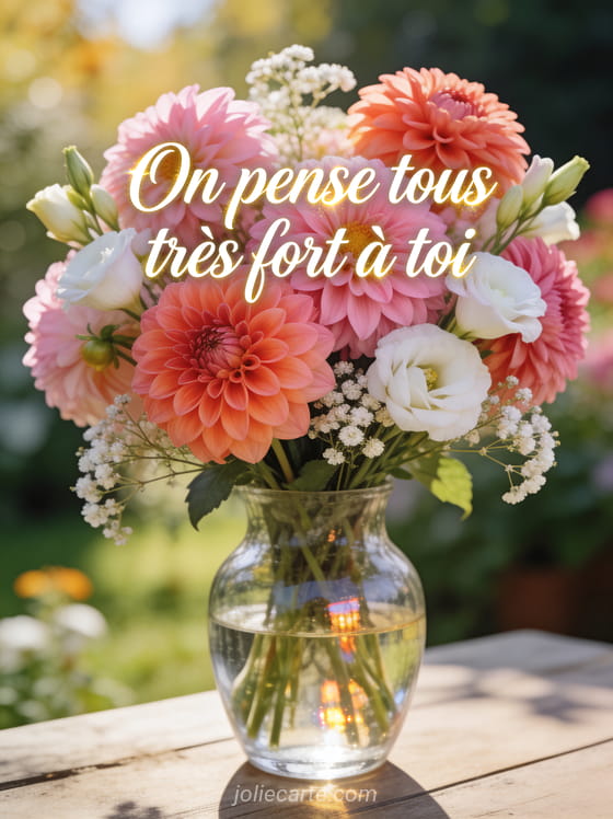 Bouquet de dahlias roses et corail avec lisianthus blancs et gypsophile dans un vase en verre avec le texte On pense tous très fort à toi