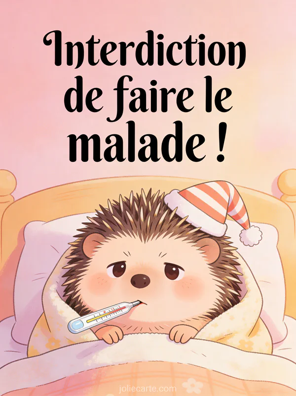 Hérisson adorable avec un thermomètre et un bonnet de nuit emmitouflé dans une couverture avec texte humoristique