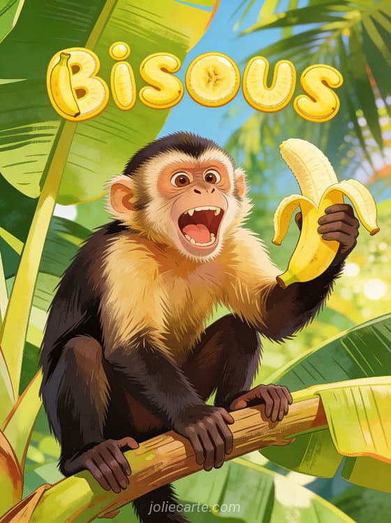 Singe capucin malicieux sur une branche de bananier tenant une banane avec le texte Bisous