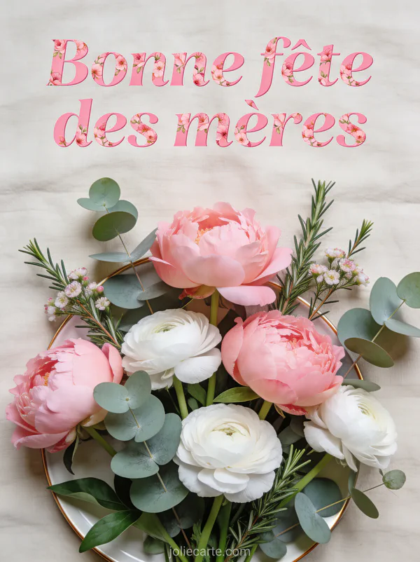 Vue du dessus de pivoines roses renoncules blanches eucalyptus et romarin en fleurs sur fond lin naturel