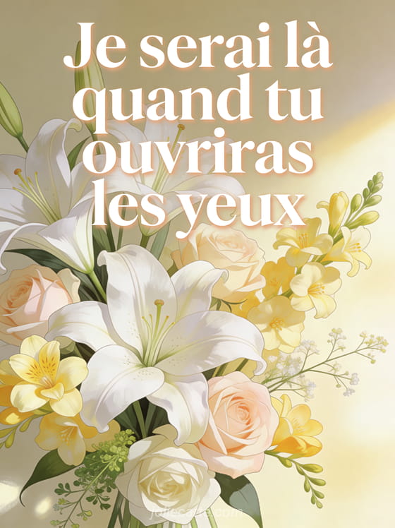 Composition de lys blancs roses pâle et freesias jaunes avec verdure sur fond crème lumineux et le texte Je serai là