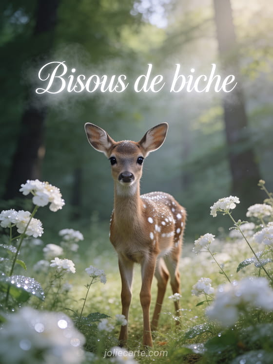 Jeune biche aux grands yeux noirs dans une clairière baignée de lumière avec des fleurs sauvages et le texte Bisous de biche