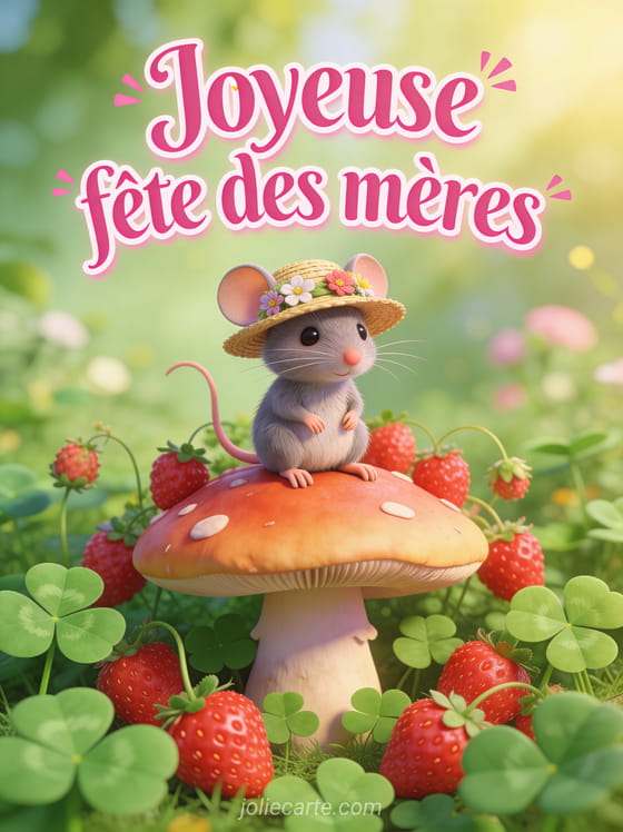 Illustration 3D d'une petite souris grise avec chapeau de paille fleuri assise sur un champignon entouré de fraises sauvages
