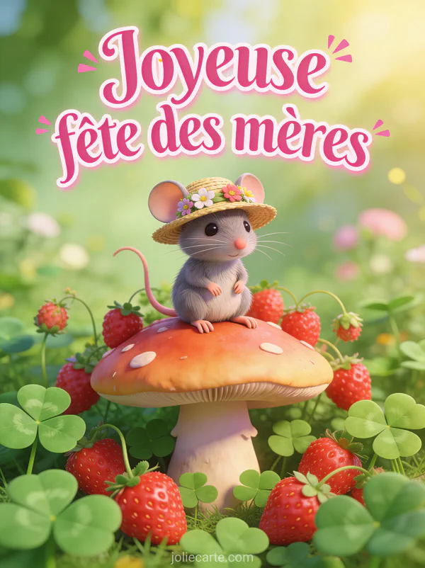 Illustration 3D d'une petite souris grise avec chapeau de paille fleuri assise sur un champignon entouré de fraises sauvages