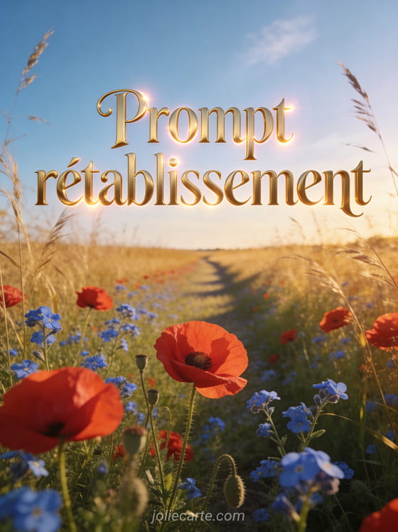 Prairie de coquelicots rouges et bleuets sous un ciel bleu lumière dorée avec le texte Prompt rétablissement