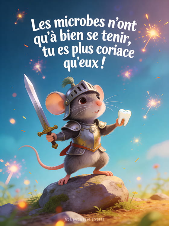 Petite souris en armure de chevalier avec une épée en cure-dent en posture héroïque et le texte Les microbes n'ont qu'à bien se tenir
