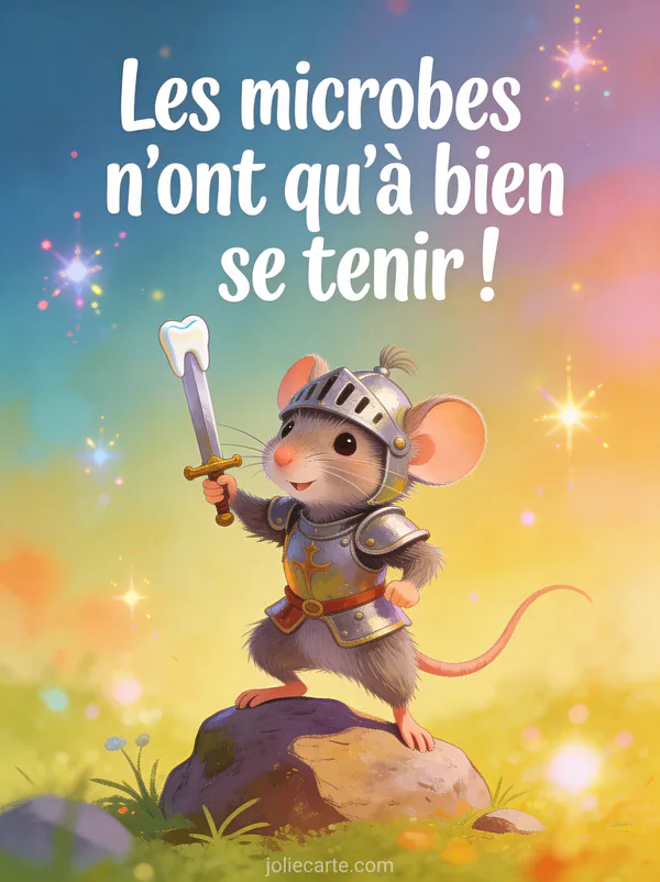 Petite souris en armure de chevalier avec une épée en cure-dent en posture héroïque et le texte Les microbes n'ont qu'à bien se tenir