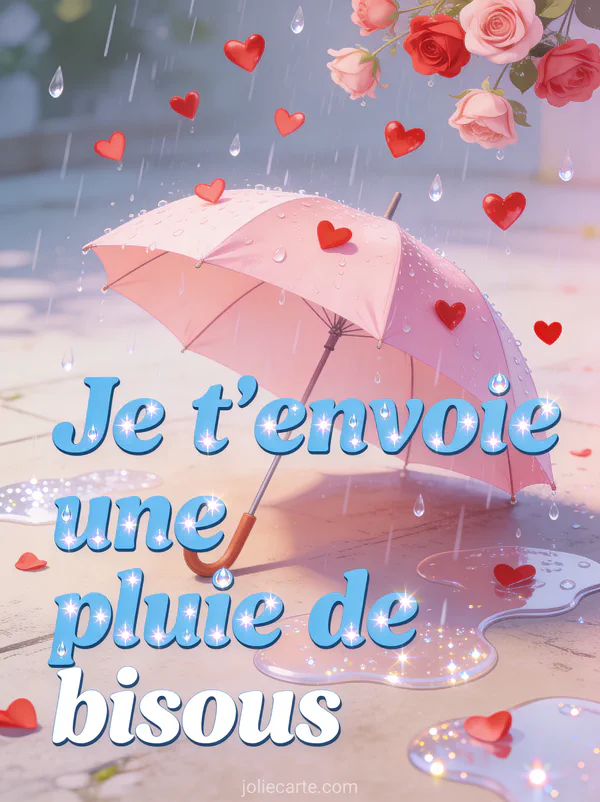 Parapluie rose ouvert sous une pluie de petits cœurs rouges et roses avec le texte Je t'envoie une pluie de bisous