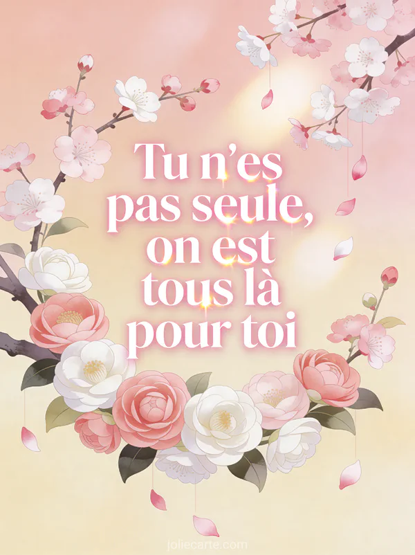 Camélias roses et blancs avec branches de cerisier en fleurs pétales tombants fond pastel avec texte de soutien