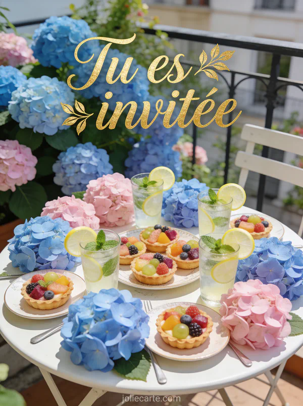 Table de brunch en terrasse avec hortensias bleus et roses tartelettes aux fruits et limonade avec le texte Tu es invitée