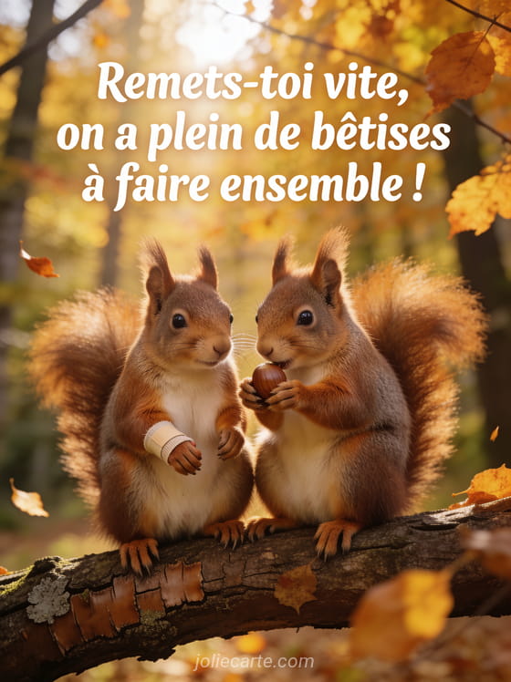 Deux écureuils complices sur une branche dont un avec un bandage à la patte avec le texte Remets-toi vite