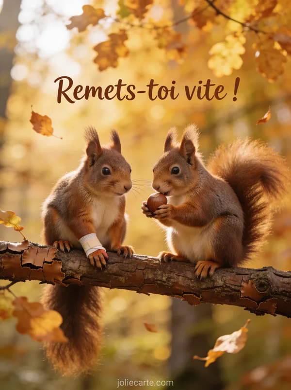 Deux écureuils complices sur une branche dont un avec un bandage à la patte avec le texte Remets-toi vite
