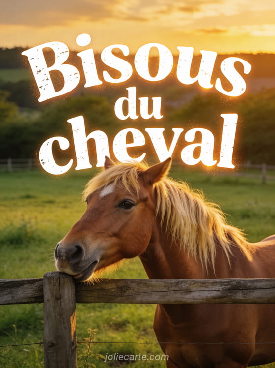 Cheval alezan à la crinière dorée posant son museau sur une clôture en bois au coucher du soleil avec le texte Bisous du cheval