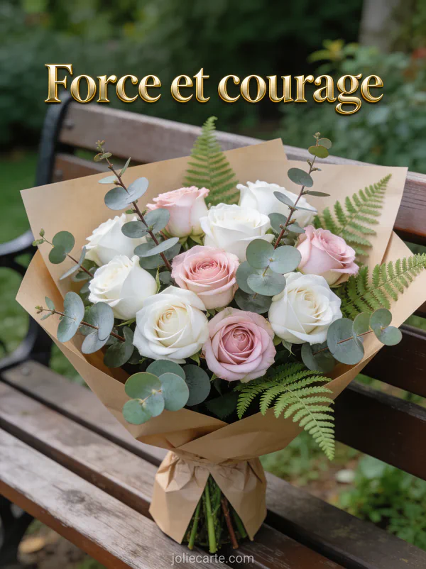 Bouquet de roses blanches et roses poudré avec eucalyptus sur un banc en bois dans un jardin avec le texte Force et courage