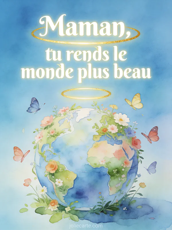 Illustration aquarelle d'un globe terrestre recouvert de fleurs et verdure avec des papillons sur fond bleu ciel