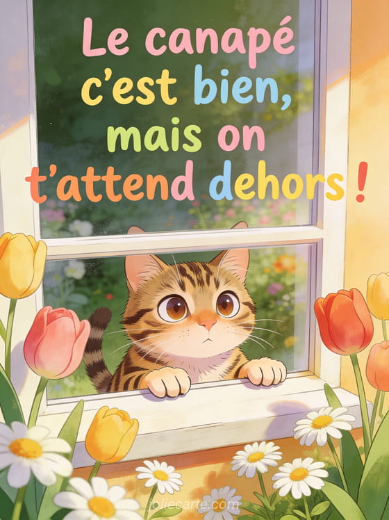 Chat tigré aux grands yeux regardant à travers une fenêtre depuis un jardin fleuri avec le texte On t'attend dehors